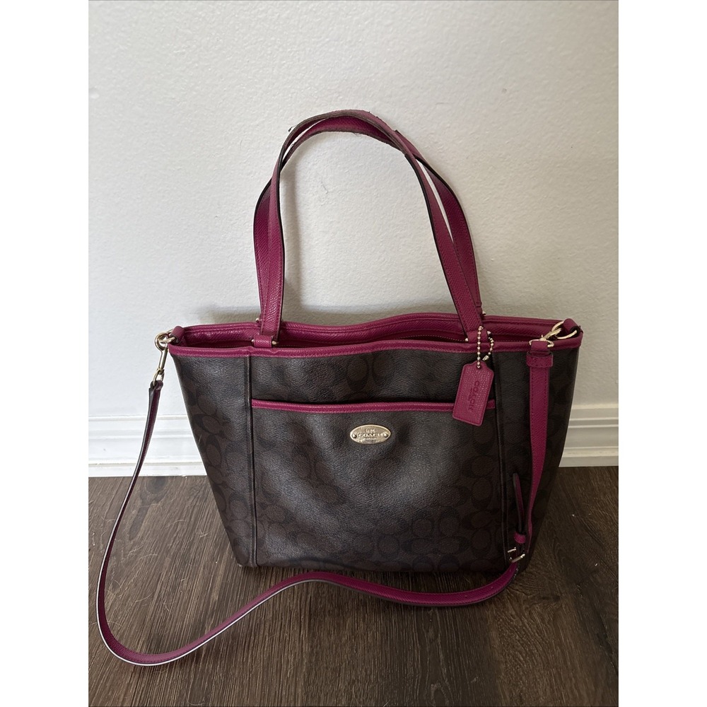COACH Monogram Tote Logo Brown Pink Coated Bag Purse Leather Strap Handles Charm